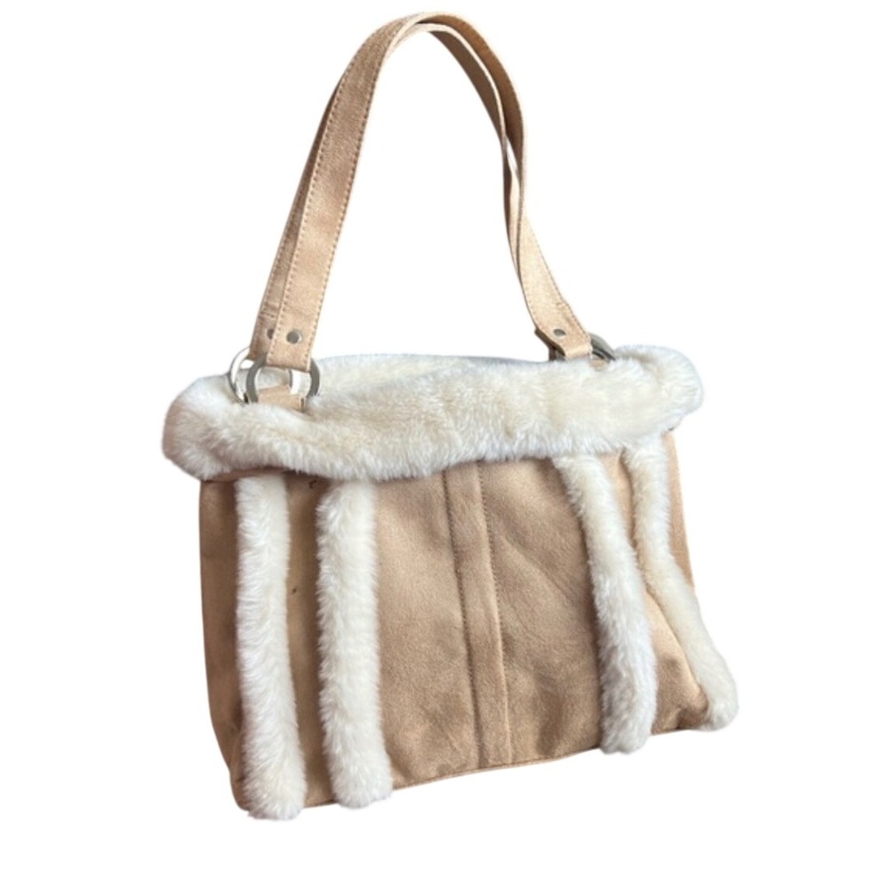 Bath And Body Works Faux Fur Suede Tote Cream Tan Vertical Accent Stripes‎ Bag